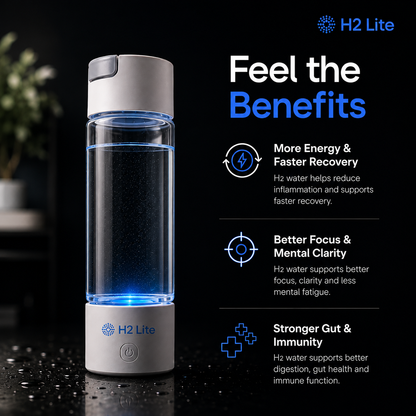 A H2 Lite electric water bottle with a clear body, white top and base, glowing blue light inside, and marketing text on a dark background.
